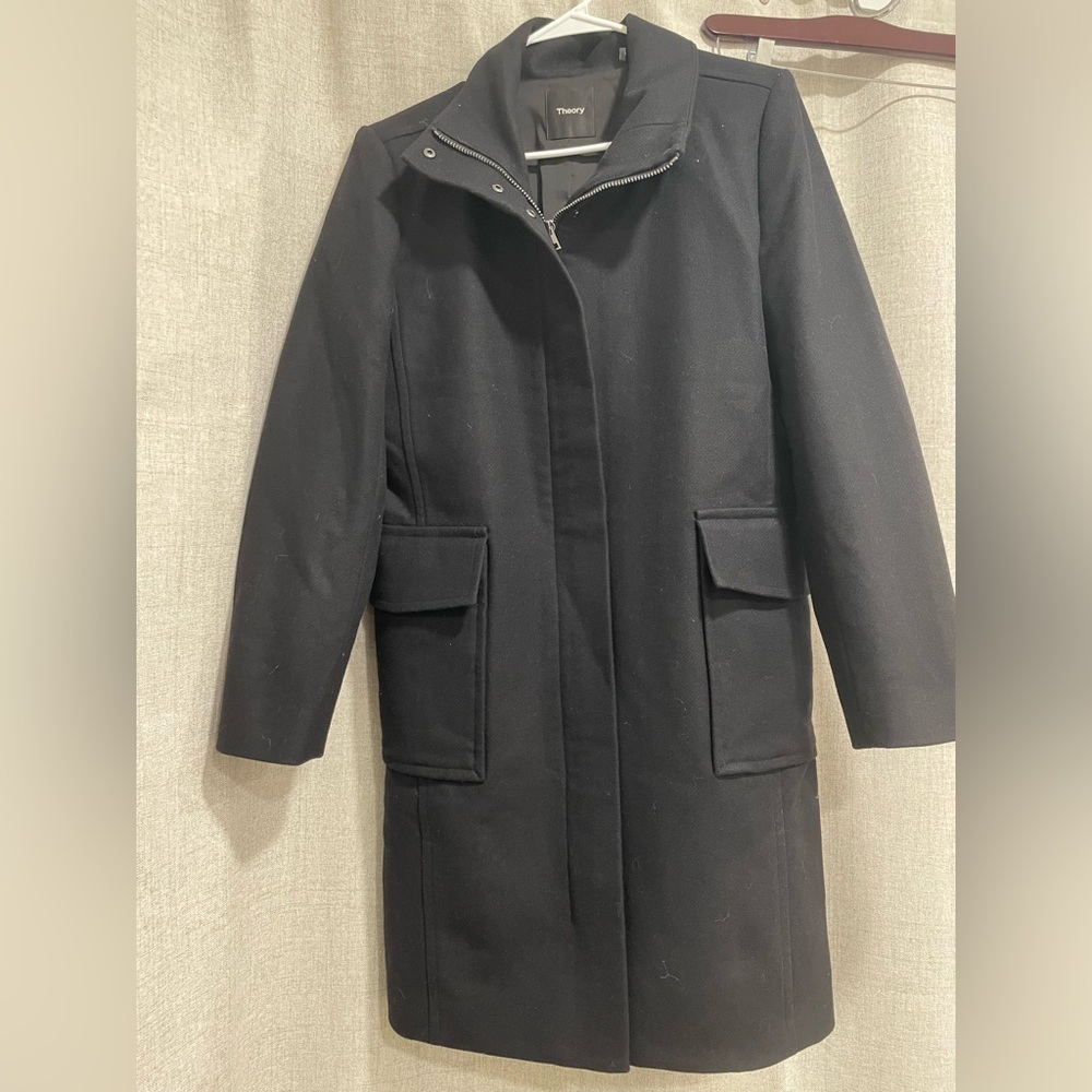 Theory Trench Black Long Coat Women’s Size S TheoryFUNNEL NECK COAT.BRI 001